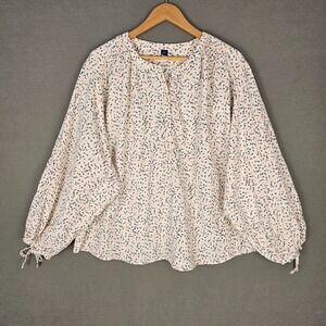 Old Navy Oversized Blousy Corduroy Top Womens 2X White Floral Tie Sleeve Cottage